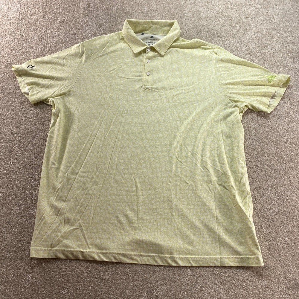 Adidas Golf Polo Shirt Mens 2XL Yellow‎ Parley Ocean Plastic Geometric Print